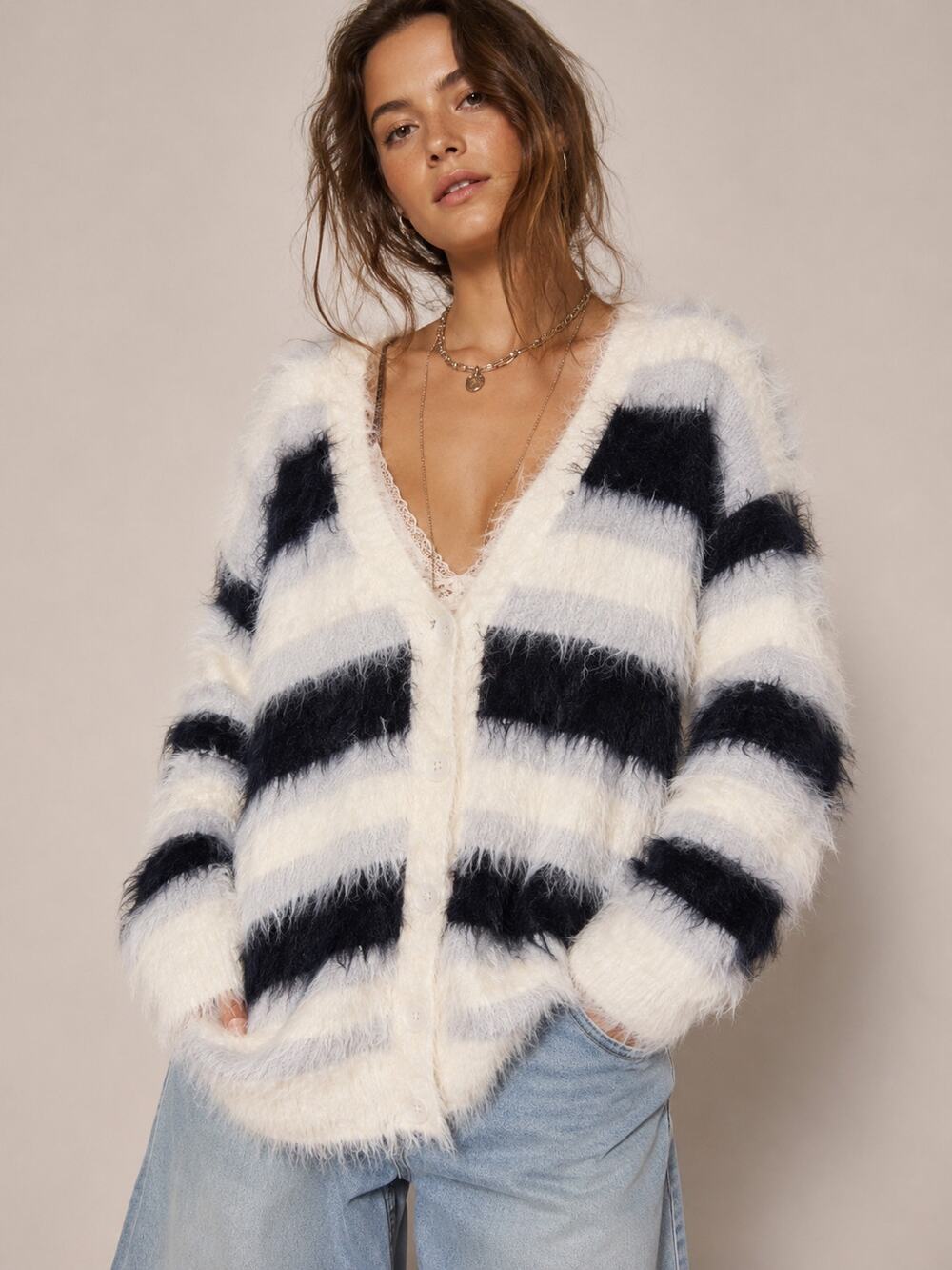 Aelfric Eden Oversized Fuzzy Striped Cardigan Sweater Small Fluffy Grunge Preppy